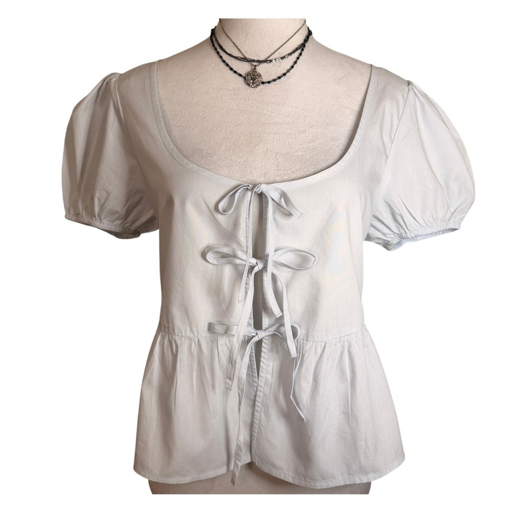 BP Peplum Babydoll Puff Sleeve Tie Front Light Blue Blouse Womens M Feminine